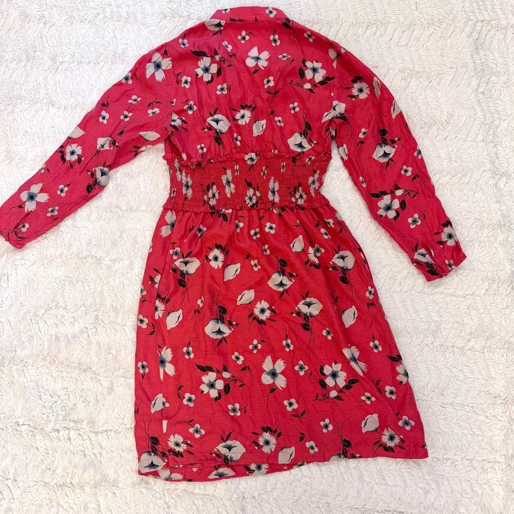 Rebecca Taylor size 2 Daniella Red Floral Silk Blend Dress smocked v neck - Picture 3 of 8